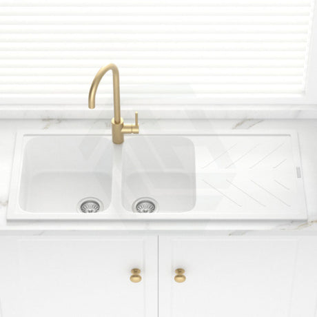 1160X500X200mm White Granite Quartz Stone 1 And 3/4 Kitchen Laundry Sink Double Bowls Drainboard