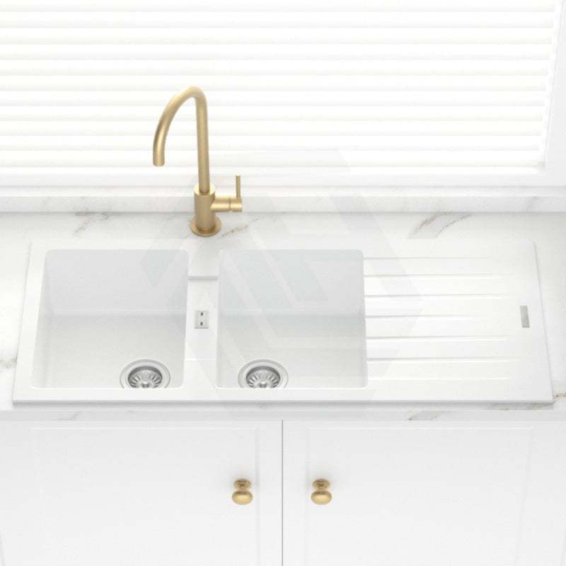 1160*500*200Mm White Granite Quartz Stone Kitchen Laundry Sink Double Bowls Drainboard Top Mount