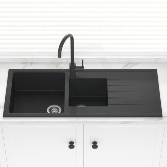 1160X500X205Mm Carysil Black 1 And A Half Bowl With Drainer Board Granite Kitchen Laundry Sink