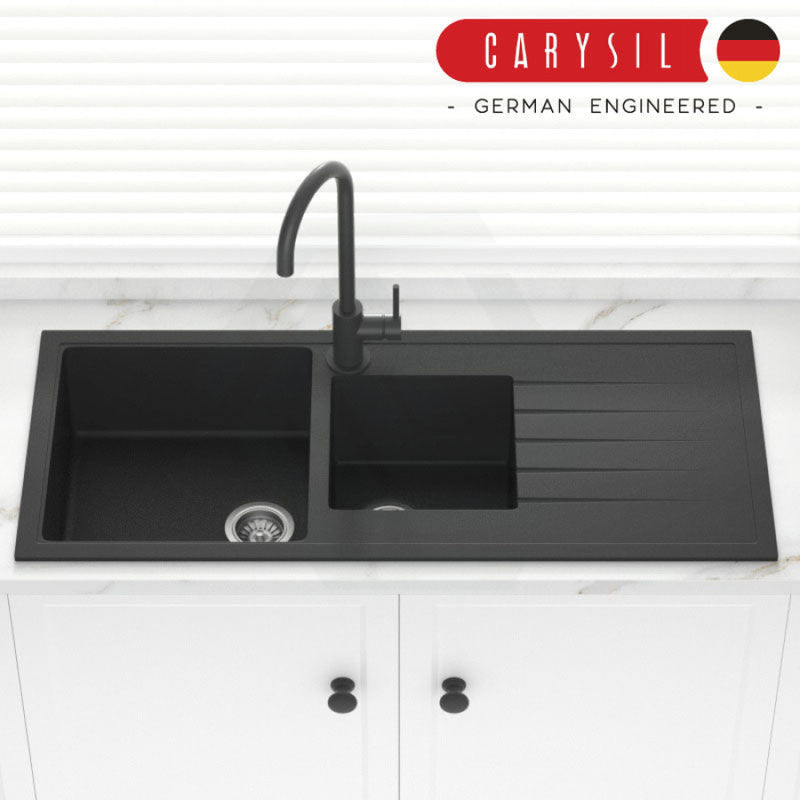 Carysil Granite Kitchen Sink 1 Half Double Bowls Drainboard 1160mm Black