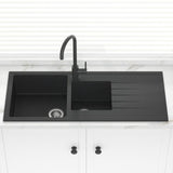 1160X500X205mm Carysil Black 1 And A Half Bowl With Drainer Board Granite Kitchen Laundry Sink