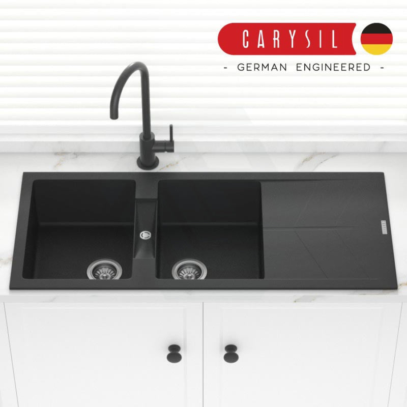 Carysil Granite Kitchen Sink Double Bowls Drainboard 1160mm Black