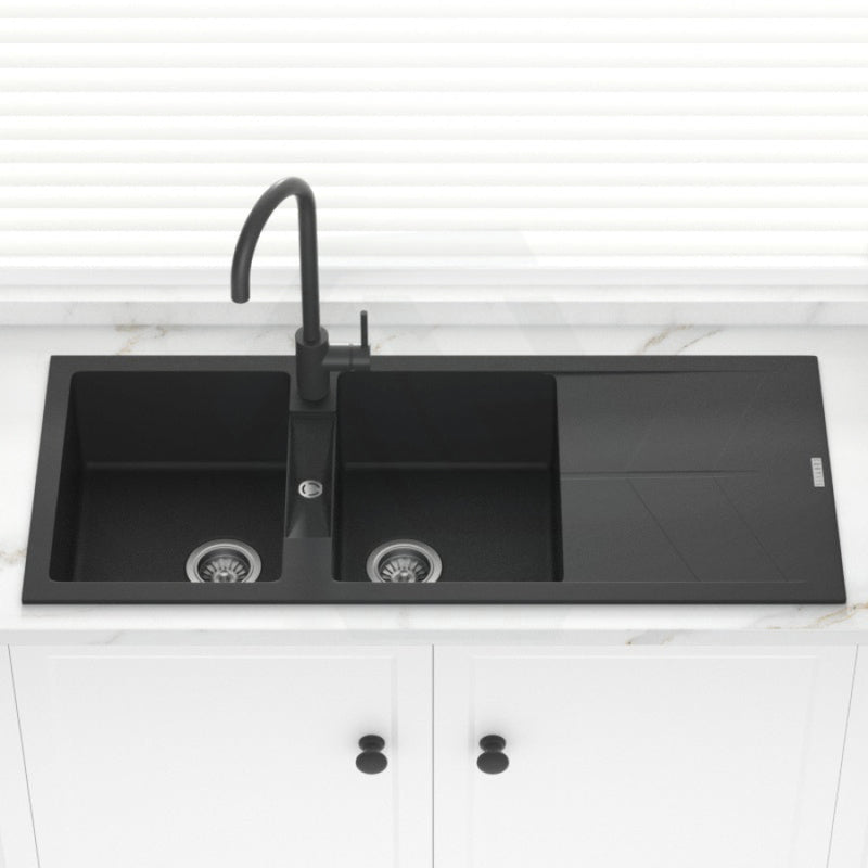 1160X500X210Mm Carysil Black Double Bowl Drainer Board Granite Kitchen Laundry Sink Top/flush Mount