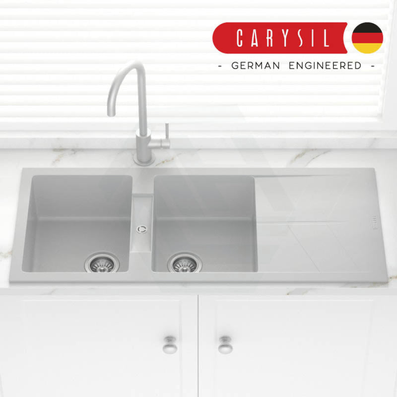 Carysil Granite Kitchen Sink Double Bowls Drainboard 1160mm Concrete Grey