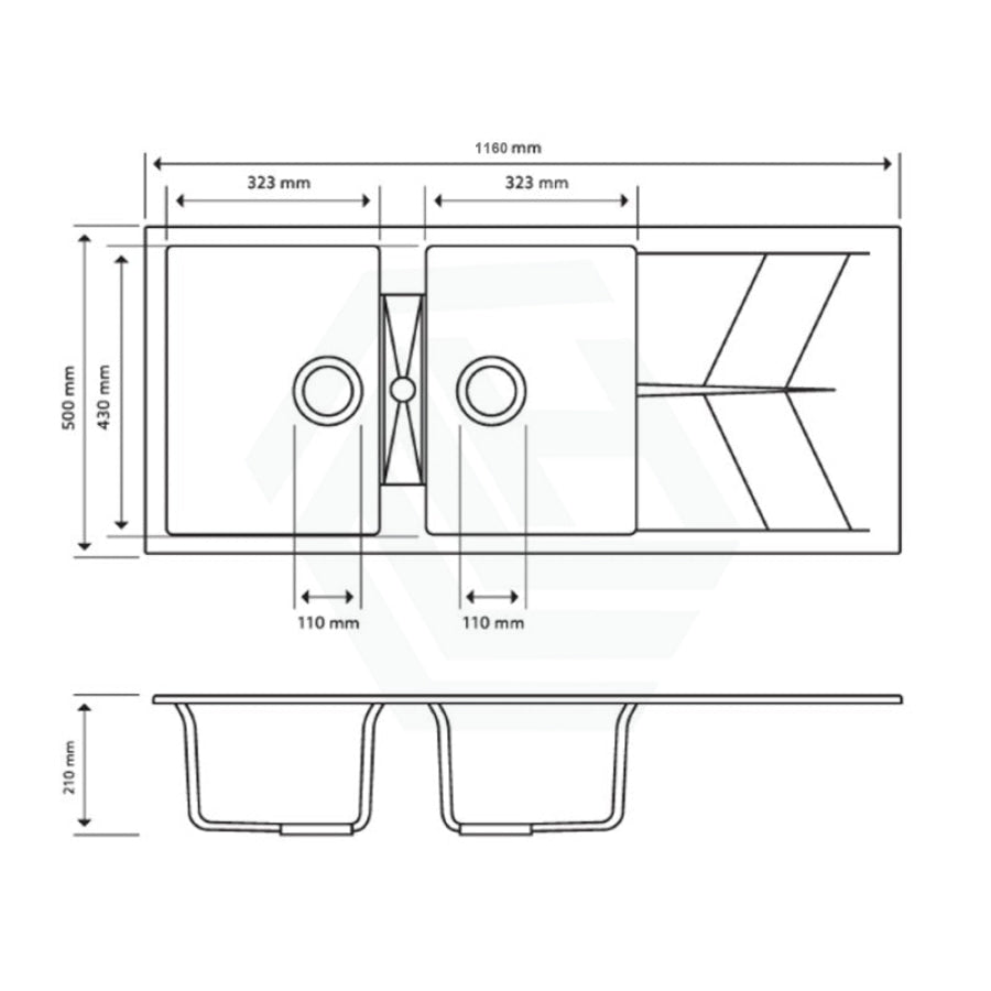 1160X500X210mm Carysil Concrete Grey Double Bowl Drainer Board Granite Kitchen Laundry Sink