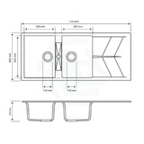 1160X500X210mm Carysil Concrete Grey Double Bowl Drainer Board Granite Kitchen Laundry Sink