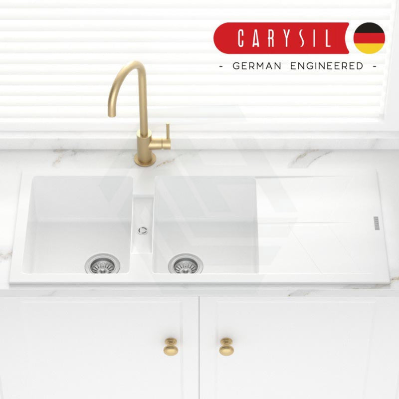 Carysil Granite Kitchen Sink Double Bowls Drainboard 1160mm White