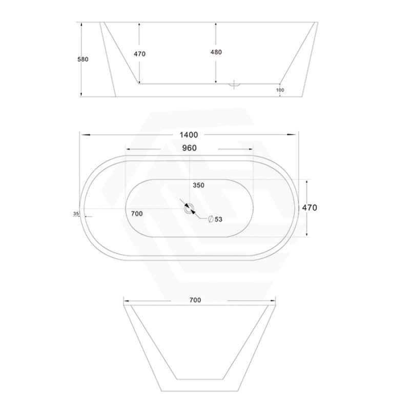 1200/1300/1400/1500/1600/1700Mm Oval Bathtub Freestanding Acrylic Gloss White No Overflow 1400Mm