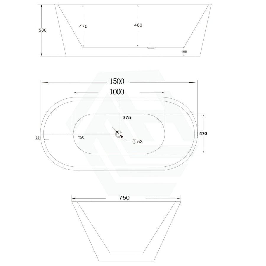 1200/1300/1400/1500/1600/1700mm Oval Bathtub Freestanding Acrylic Gloss White No Overflow 1500mm
