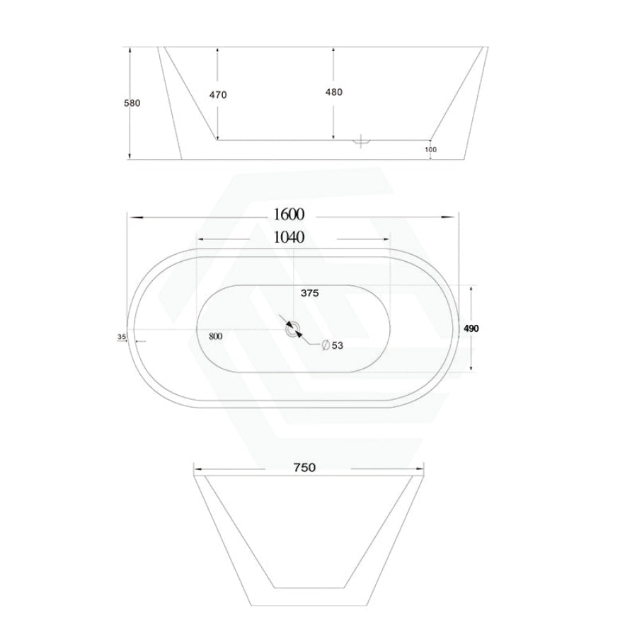 1200/1300/1400/1500/1600/1700mm Oval Bathtub Freestanding Acrylic Gloss White No Overflow 1600mm