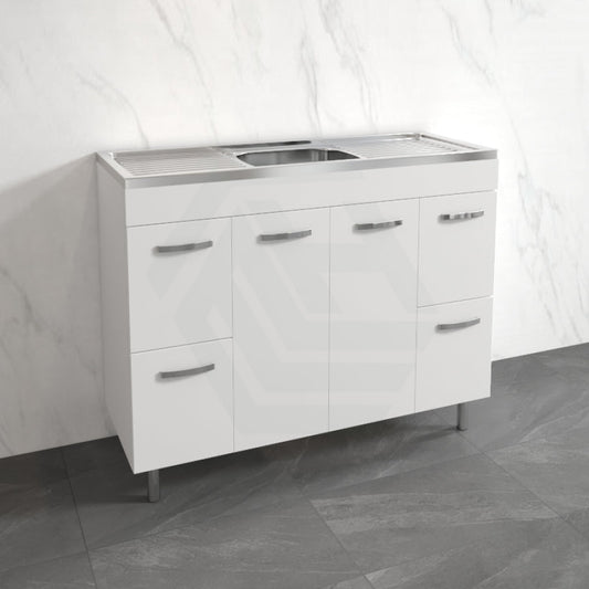 1200Mm Citi E0 Board Gloss White Kitchen/Laundry Freestanding With Legs Vanity Stainless Steel