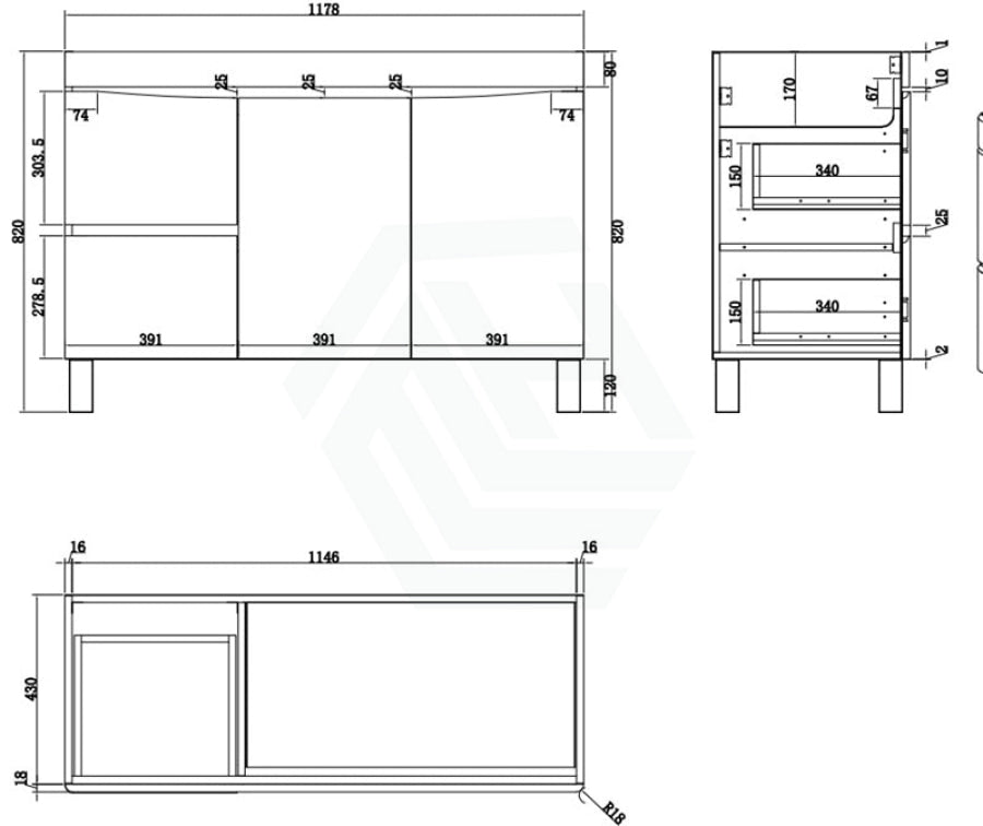 1200Mm Freestanding Mdf Curve Edge Vanity Dark Oak Finish Left / Right Drawers Cabinet Only For