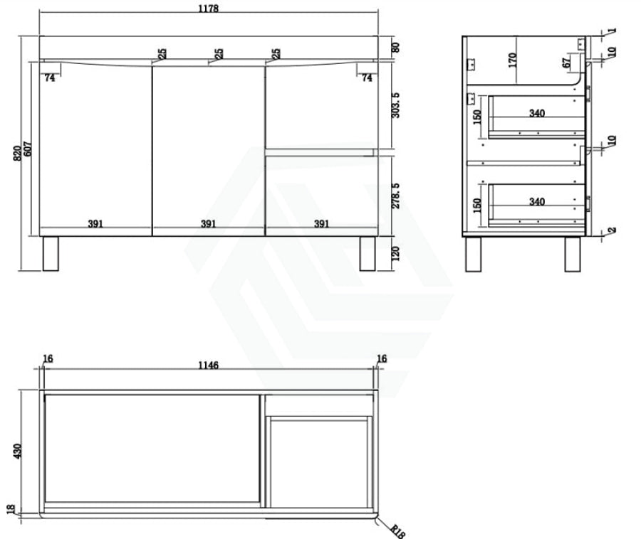 1200Mm Freestanding Mdf Curve Edge Vanity Dark Oak Finish Left / Right Drawers Cabinet Only For