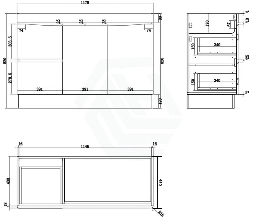 1200Mm Freestanding With Kickboard Mdf Curve Edge Vanity Dark Oak Finish Left / Right Drawers