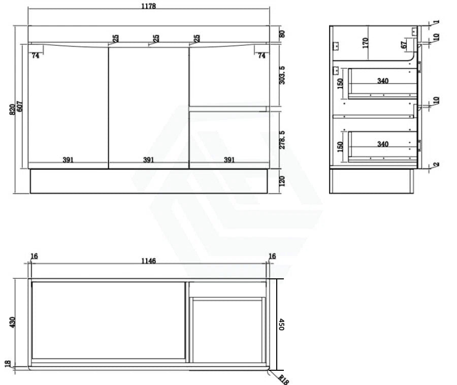 1200Mm Freestanding With Kickboard Mdf Curve Edge Vanity Dark Oak Finish Left / Right Drawers