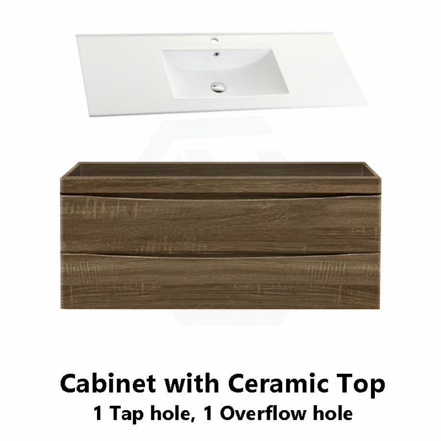 1200X450X550Mm Dark Timber Wall Hung Vanity Cabinet With Curved Edge Double Drawers And Optional