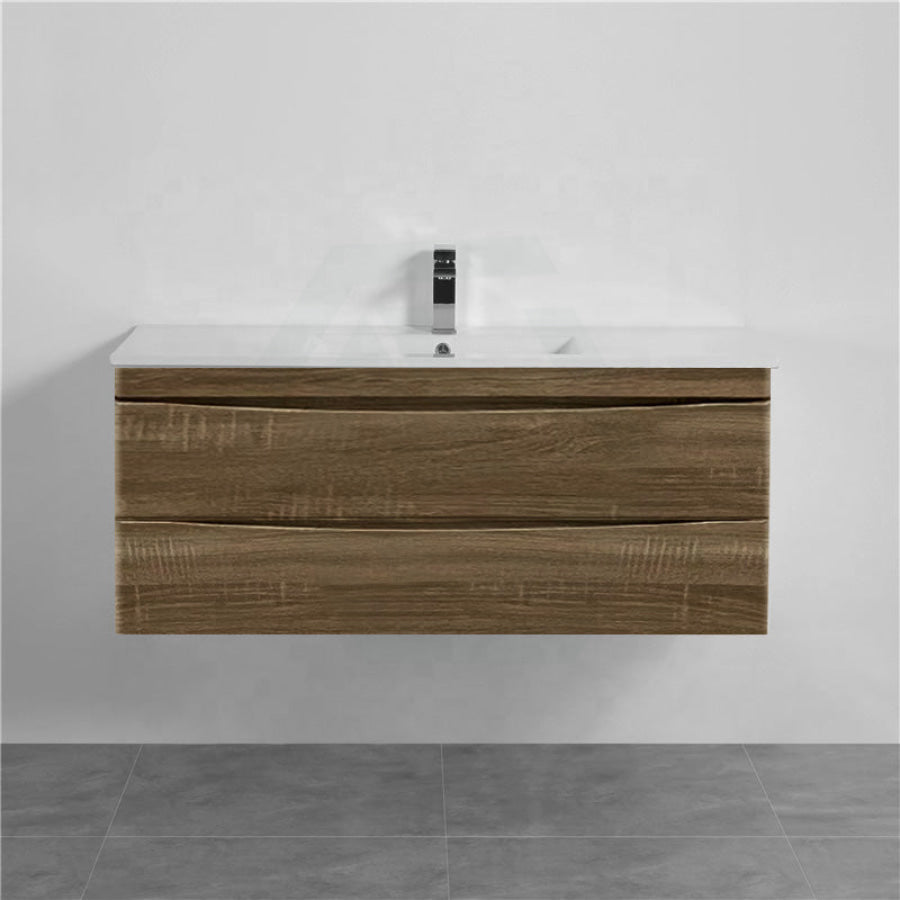 1200X450X550Mm Dark Timber Wall Hung Vanity Cabinet With Curved Edge Double Drawers And Optional
