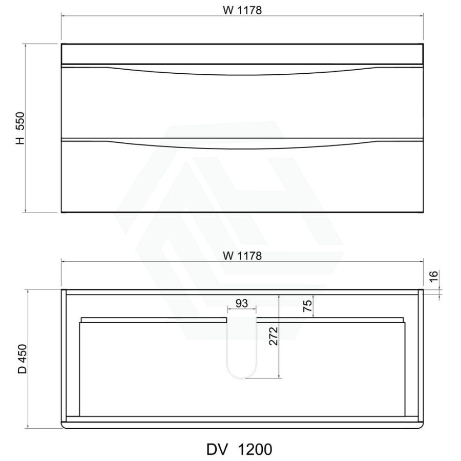 1200X450X550Mm Dark Timber Wall Hung Vanity Cabinet With Curved Edge Double Drawers And Optional