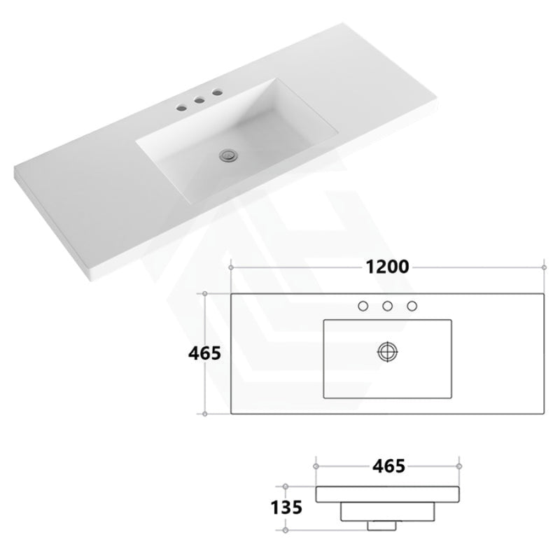 1200X465X135Mm Poly Top For Bathroom Vanity Single Bowl 1 Or 3 Tap Holes Available No Overflow Hole