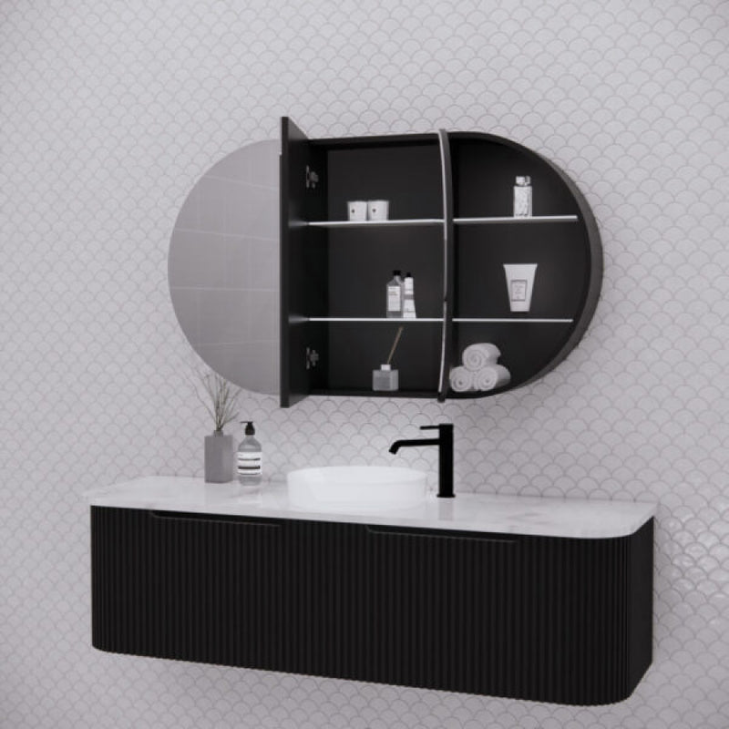 1200X700X140Mm Oval Pencil Edge Mirror Wall Hung Shaving Cabinet Matt Black Cabinets