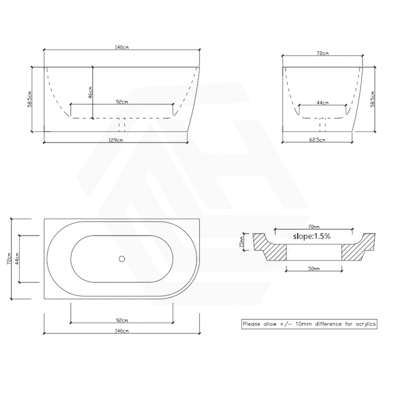 1300/1400/1485/1680mm Nerida Bathtub Left Corner Back Acrylic Gloss White No Overflow 1400mm