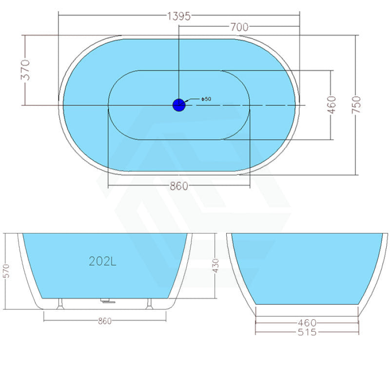 1400/1530/1690Mm Moah Oval Gloss White Freestanding Bathtub Acrylic No Overflow 1400Mm Bathtubs