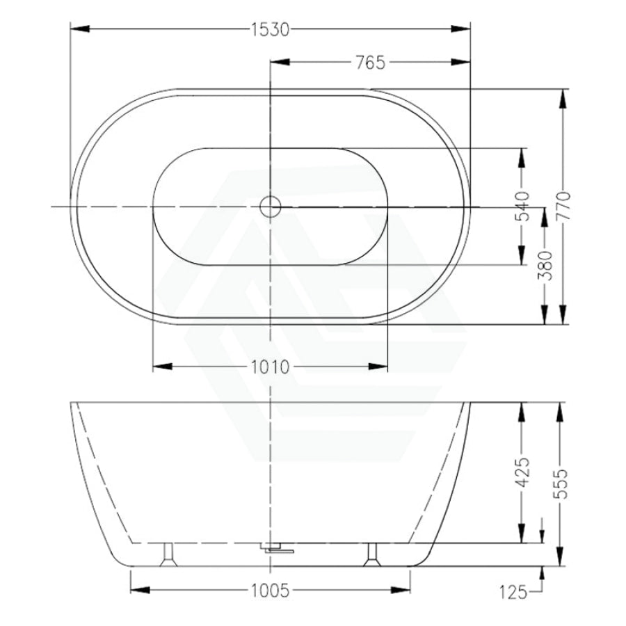 Oval Gloss White Freestanding Bathtub Acrylic NO Overflow 1530mm
