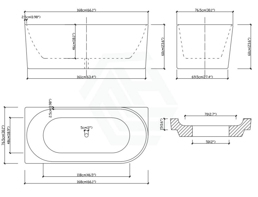 1485/1680mm Nerida Bathtub Left Corner Acrylic Matt White No Overflow 1680Mm