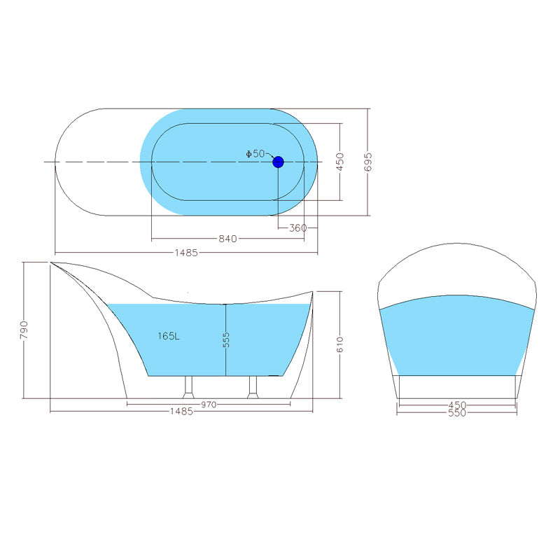 1485/1700mm Bevel Freestanding Bathtub Acrylic Gloss White Special Shape No Overflow 1500mm