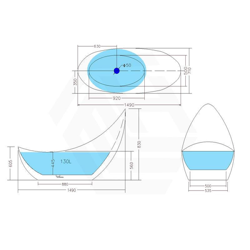 1490/1680/2000mm Posh Freestanding Bathtub Gloss White Acrylic No Overflow 1500mm