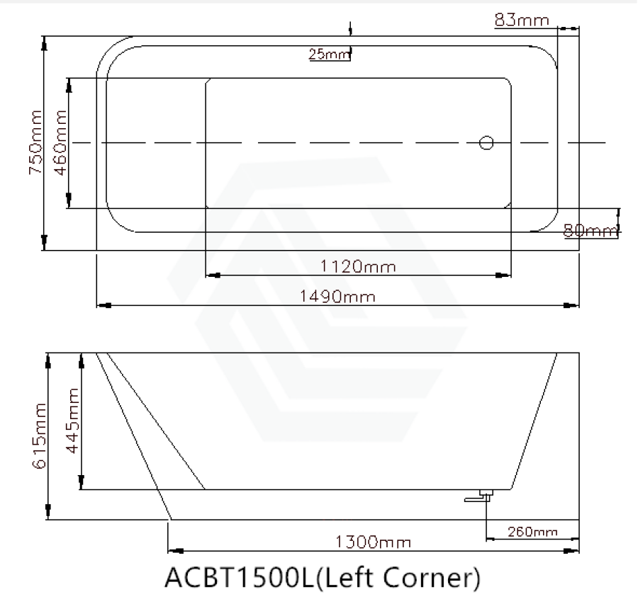 1490/1695mm Avis Corner Back Bathtub Left Acrylic Gloss White No Overflow 1500mm