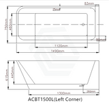 1490/1695mm Avis Corner Back Bathtub Left Acrylic Gloss White No Overflow 1500mm