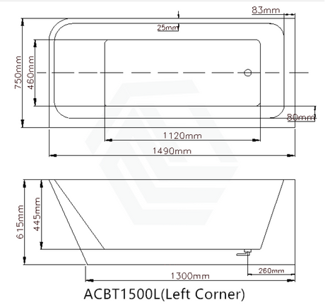 1490/1695mm Avis Corner Back Bathtub Left Acrylic Gloss White No Overflow 1500mm