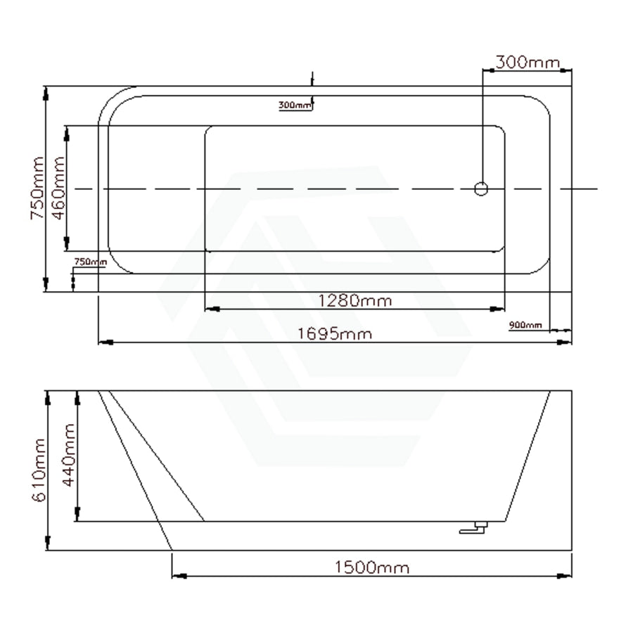 1490/1695mm Avis Corner Back Bathtub Left Acrylic Gloss White No Overflow 1700mm