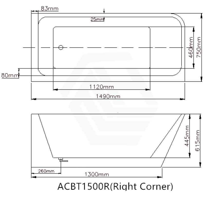 1490/1695mm Avis Corner Back Bathtub Right Acrylic Gloss White No Overflow 1500mm