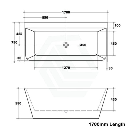 1500/1600/1700mm Back To Wall Bathtub Freestanding Acrylic Gloss White No Overflow 1700mm
