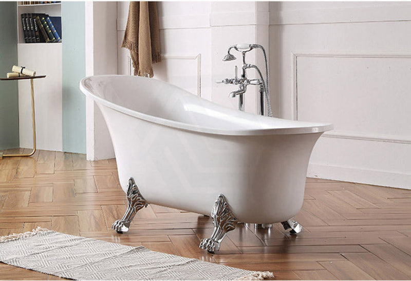1500/1680Mm Espada White Exterior Chrome Clawfoot Feet Bathtub Freestanding Interior No Overflow