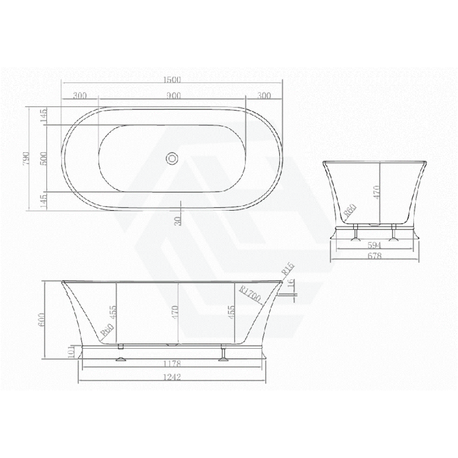 1500/1700mm Hampton Style Oval Bathtub Freestanding Lucite Acrylic Gloss White NO Overflow