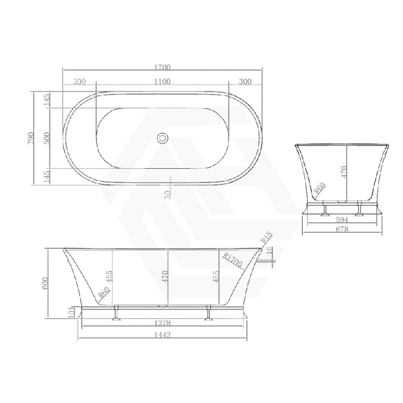 1500/1700mm Hampton Style Oval Bathtub Freestanding Lucite Acrylic Gloss White NO Overflow