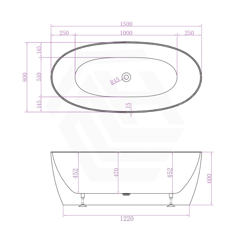 Delta Matt White Bathtub With Super Slim Edge 1500*800*600 (250L) Bathtubs