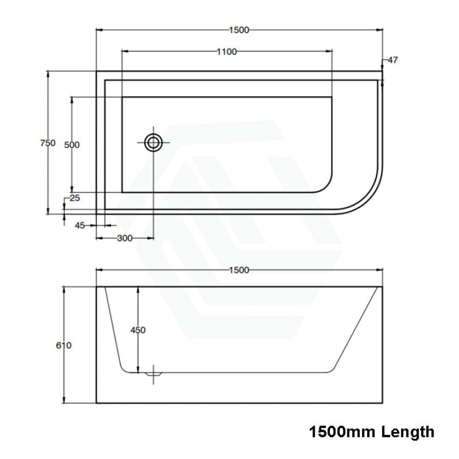 1500/1700mm Ellie Bathtub Left Corner Back Acrylic Gloss White No Overflow 1500mm
