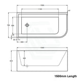 1500/1700mm Ellie Bathtub Left Corner Back Acrylic Gloss White No Overflow 1500mm