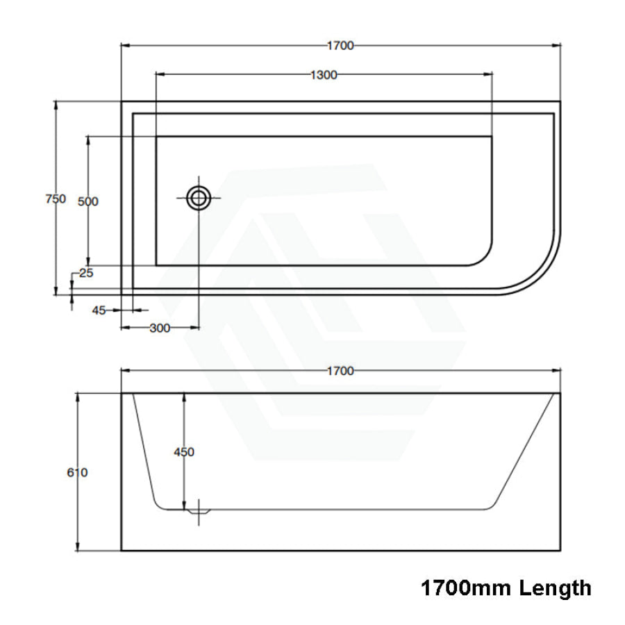1500/1700mm Ellie Bathtub Left Corner Back Acrylic Gloss White No Overflow 1700mm
