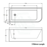 1500/1700mm Ellie Bathtub Left Corner Back Acrylic Gloss White No Overflow 1700mm