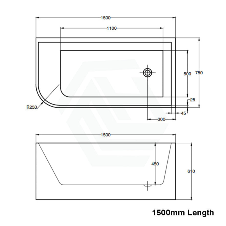 1500/1700mm Ellie Bathtub Right Corner Back Acrylic Gloss White No Overflow 1500mm