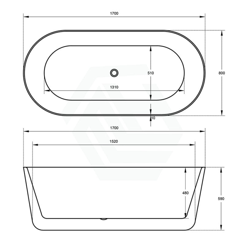 1500/1700Mm Ultra-Slim Bathtub Oval Freestanding Gloss White Acrylic No Overflow 1700Mm