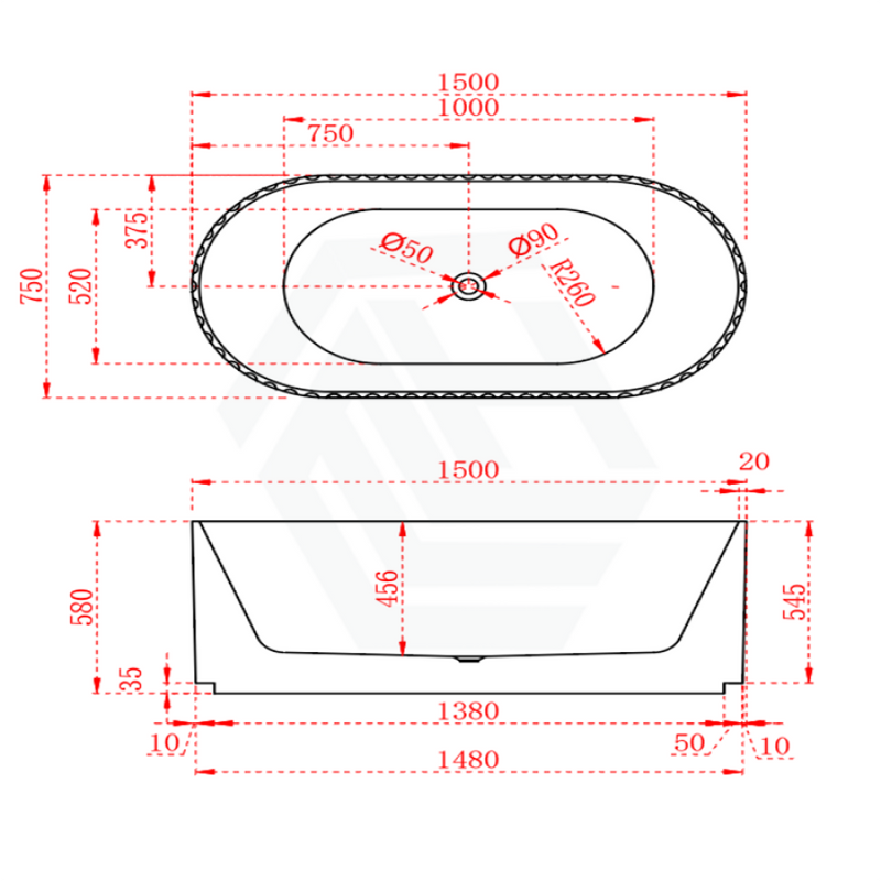1500/1700Mm Roma Oval Bathtub Freestanding Acrylic Gloss White No Overflow 1500Mm Matt Bathtubs
