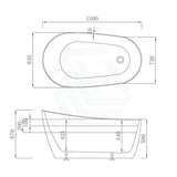 1500mm Cannes Ultra-Slim Bathtub Freestanding Gloss White And Black Acrylic No Overflow