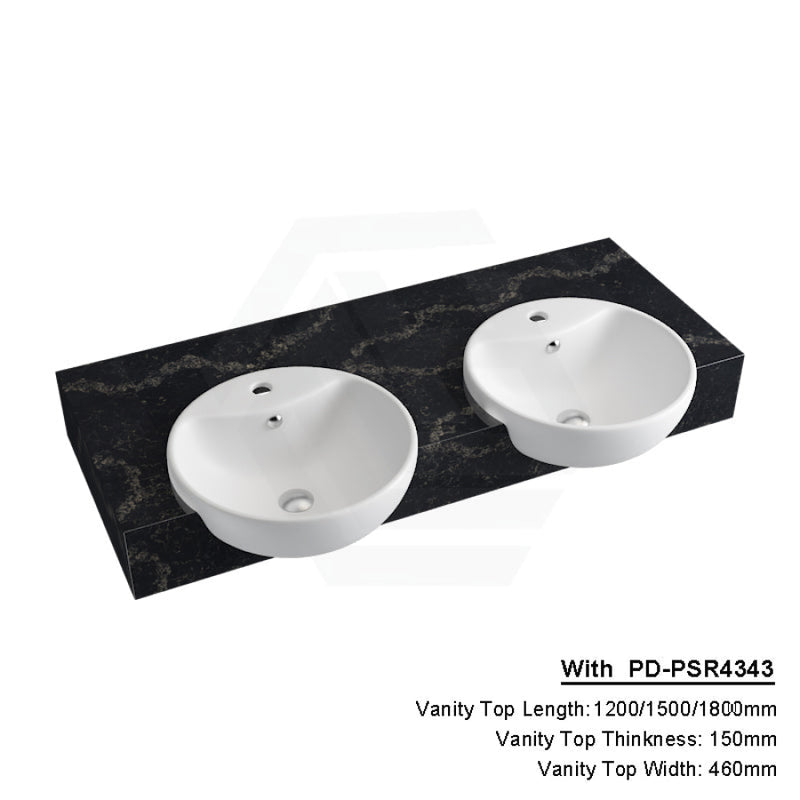 150Mm Gloss Black Swan Stone Top Quartz With Semi-Recessed Basin 1200X460Mm Double Bowls /