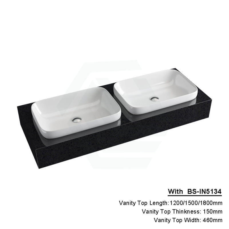 150Mm Gloss Ink Black Stone Top Calacatta Quartz With Inset Basin 1200X460Mm Double Bowls /